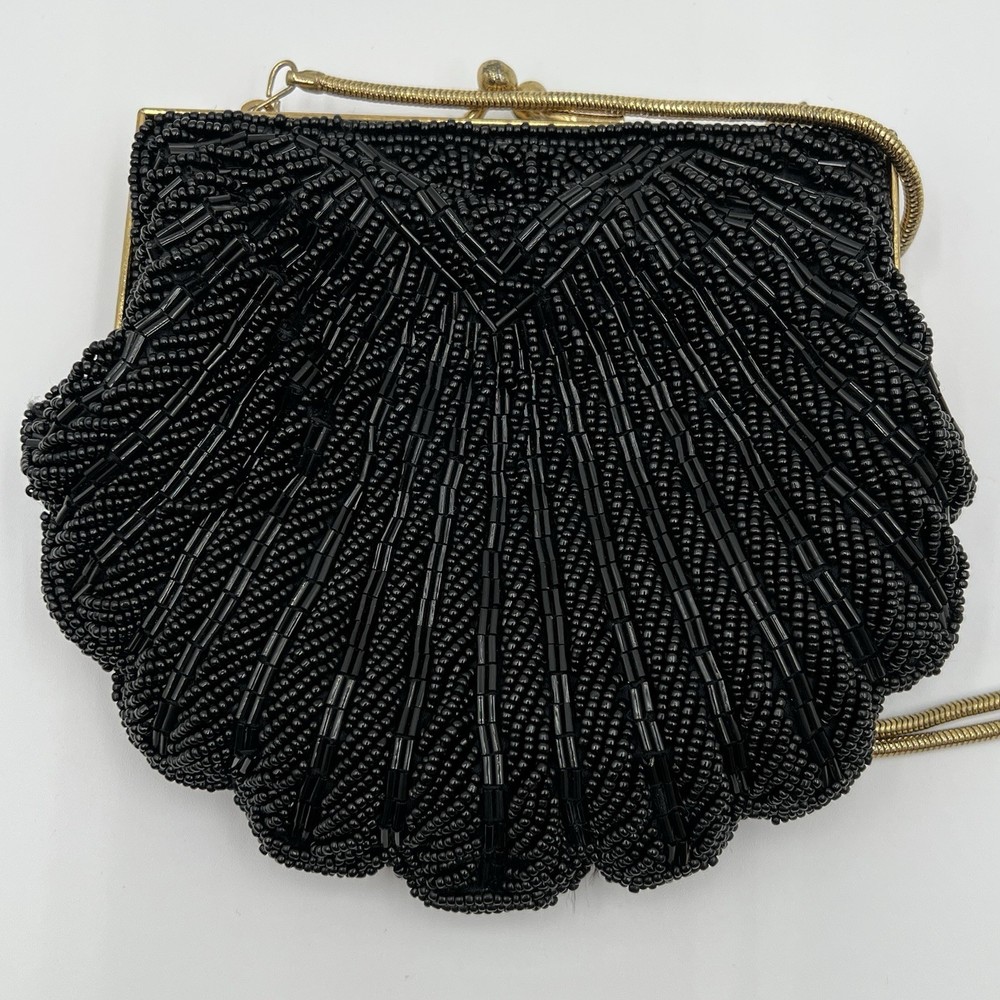 Clam Shell Black Beaded Vintage Clutch with Chain Strap