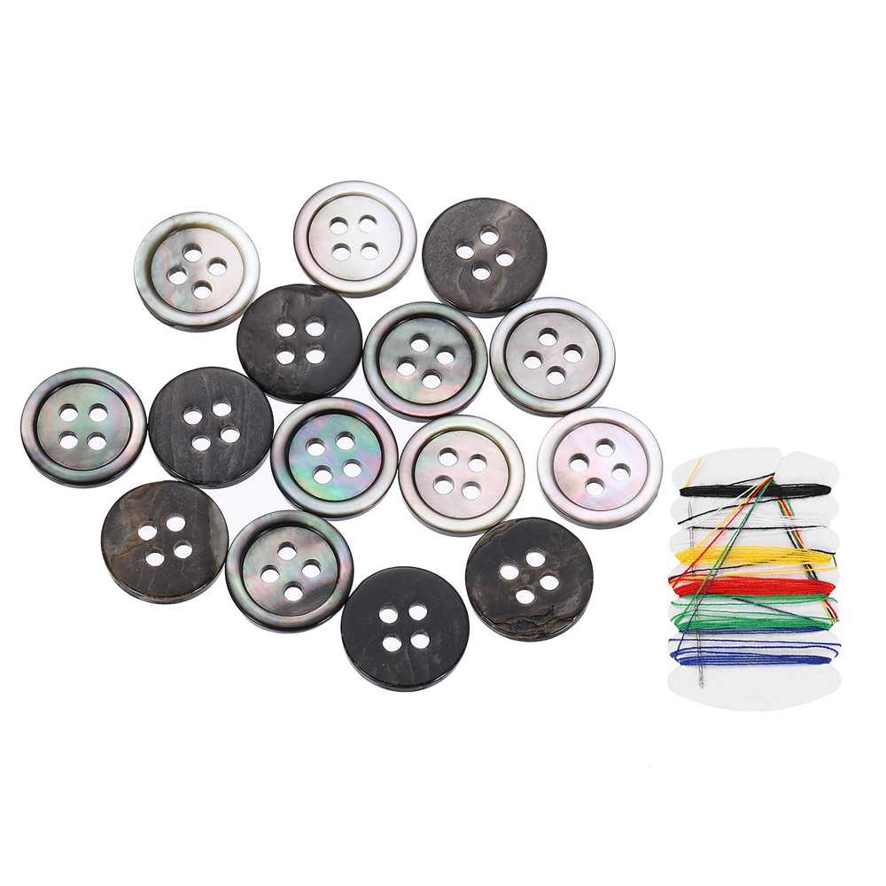 15Pcs 4 Hole 12.5mm Natural Shell Button with Sewing Thread Kit, Black