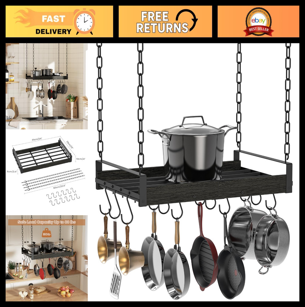 Vintage Ceiling Mounted Hanging Pot Rack, 24x13" Kitchen Pan Holder with 12 Hook