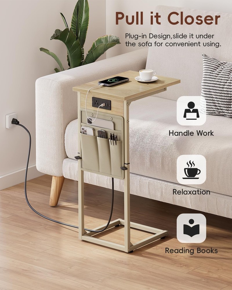 C Shaped End Table W/ Charging Station Adjustable Height C Table End Table Small