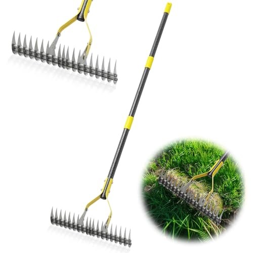 Thatch Rake Heavy Duty Metal Dethatcher Rake with Adjustable Long Handle 4.5FT