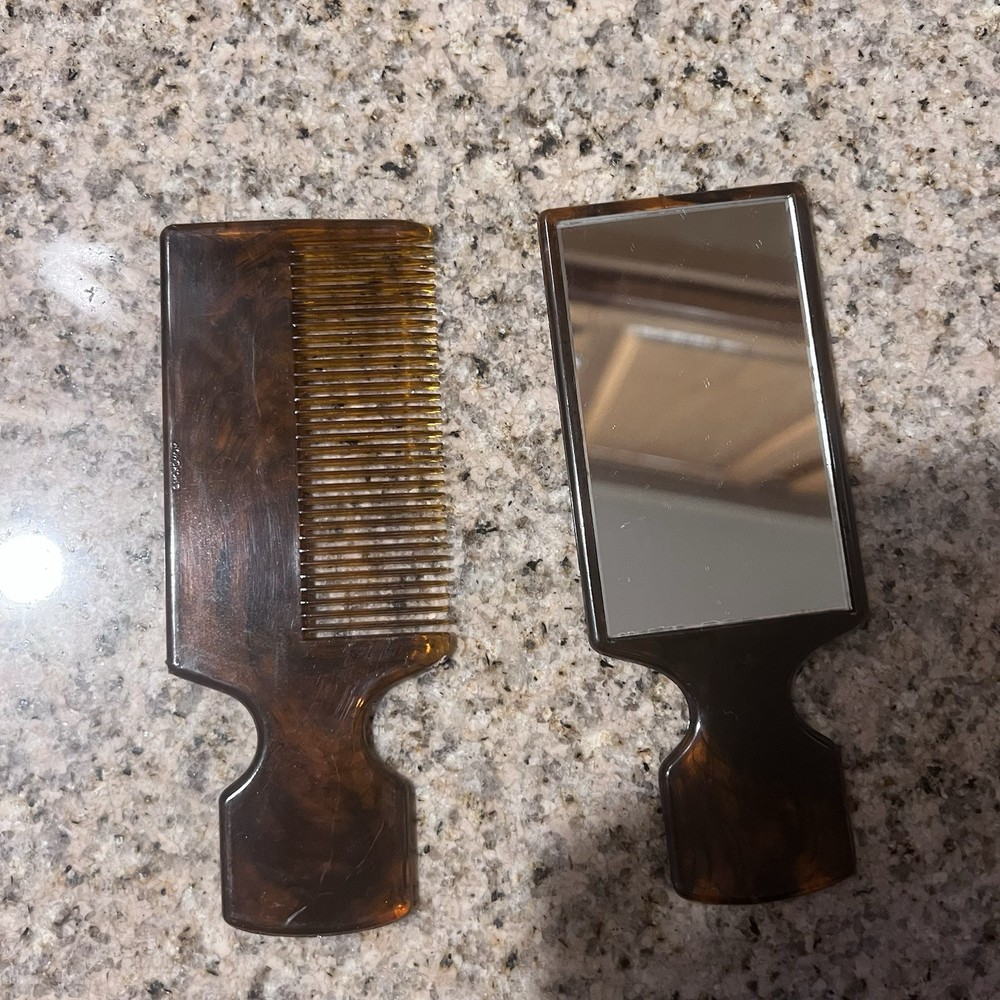 Vintage Tortoiseshell pattern Comb and Mirror Set w/ case 1980’s