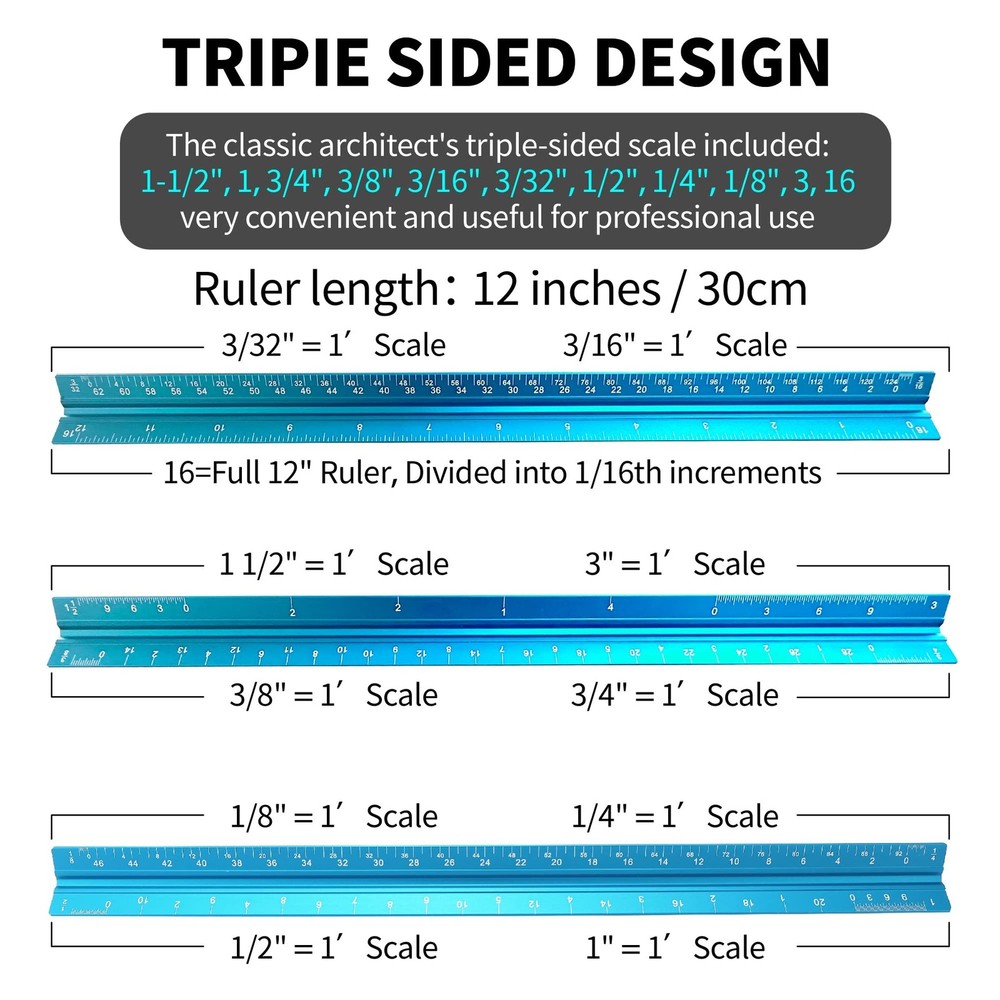 Rena Chris 2PCS Architectural Scale Ruler: 12" Imperial Aluminum Triangular S...