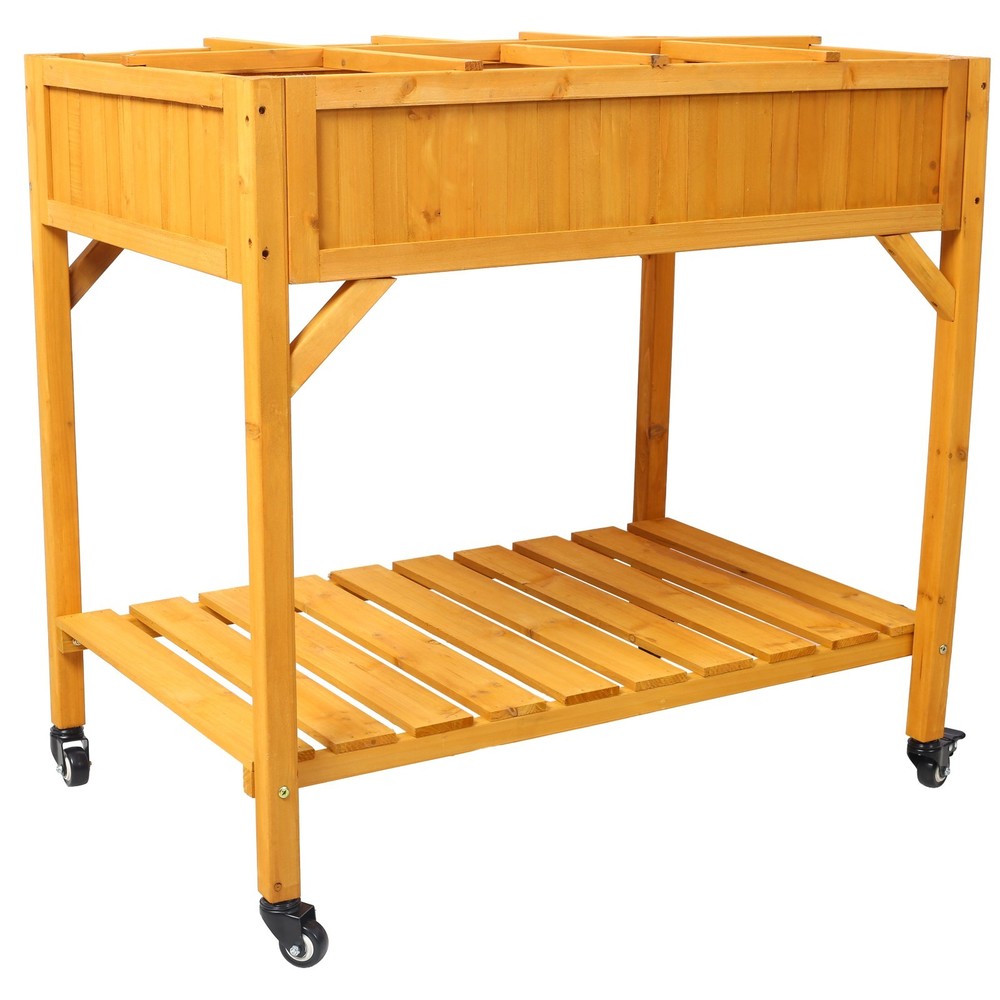 Mobile Elevated 8-Pocket Wood Planter w/ Lockable Wheels & Storage Shelf