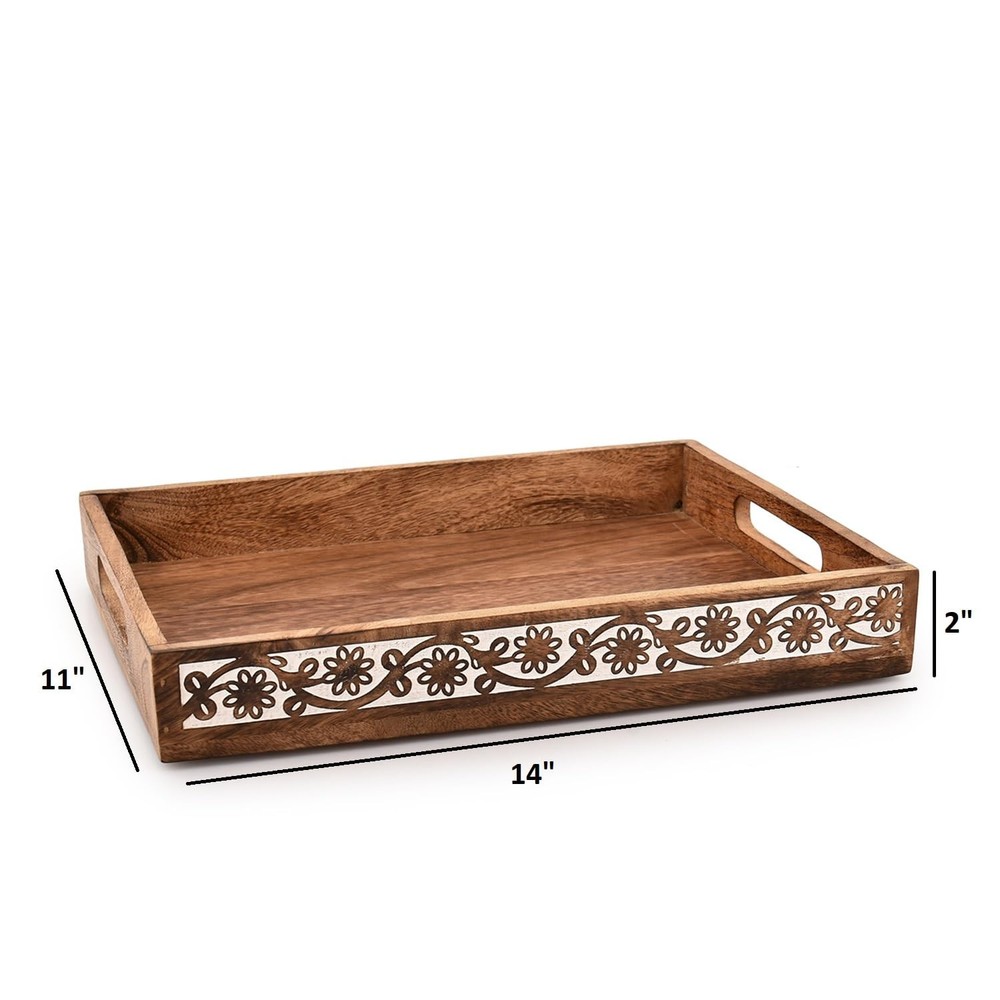 Kaizen Casa Serving Trays Mango Wood Rectangular 14" x 11" x 2", Brown