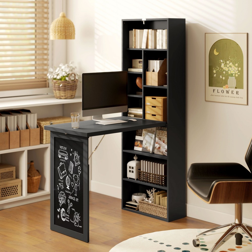 Convertible Desk with Chalkboard & Shelf Multi-Use Computer Workstation, Black