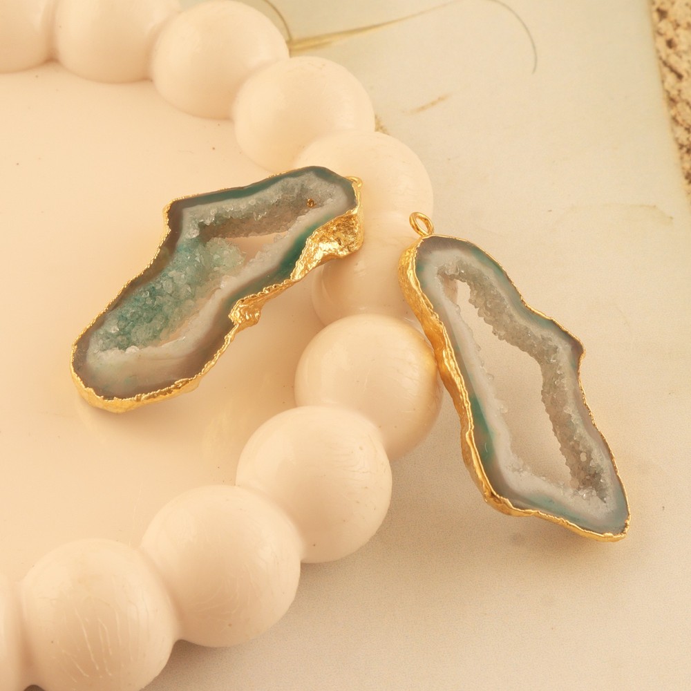 Natural Geode Slice Gold Electroplated DIY Pair Connectors For Making Earring