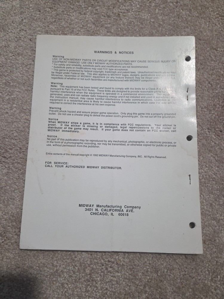 1992 Midway Mortal Kombat Arcade Game Operations Manual