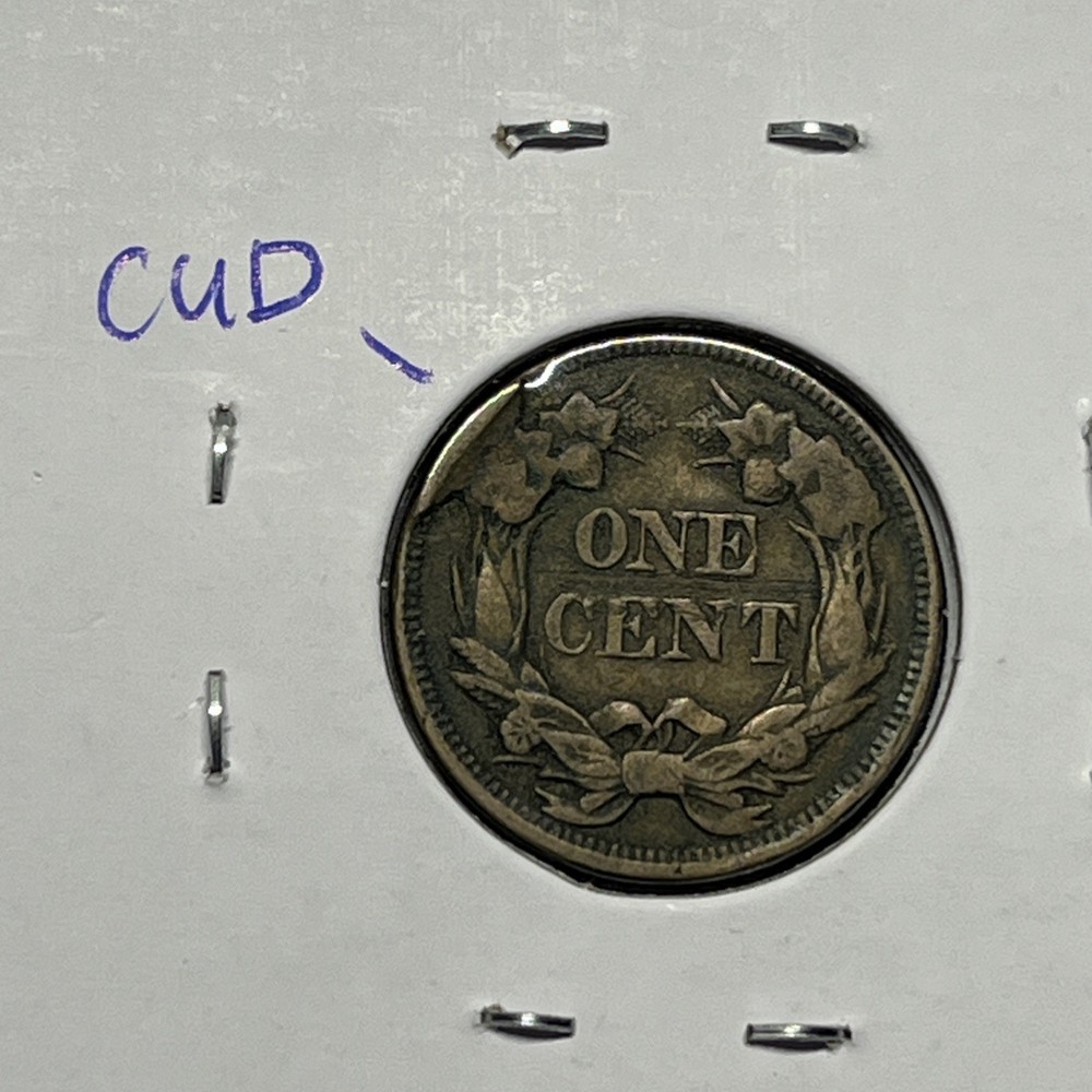 1858 Flying Eagle Cent Copper Coin VF CUD error On Reverse