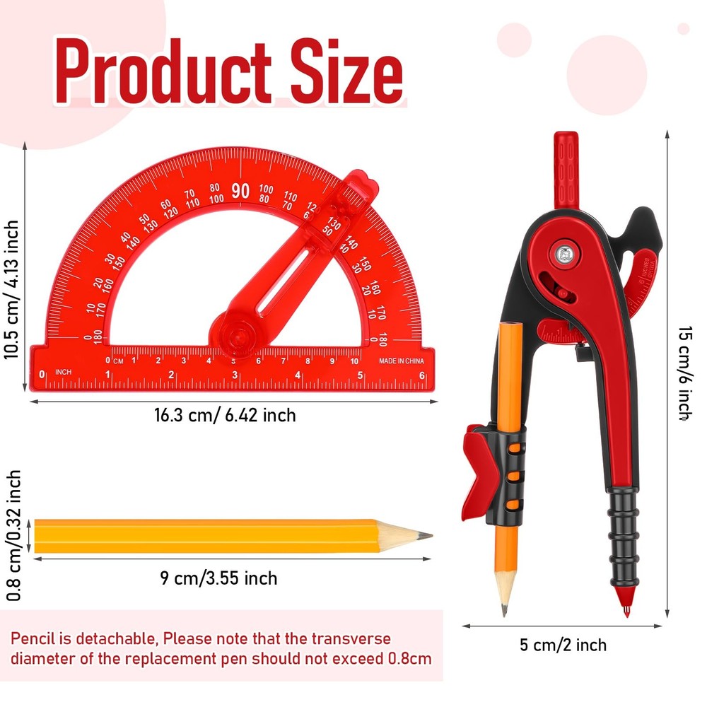 Zonon Student Protractor and Compass Set, Geometry Math Set Red