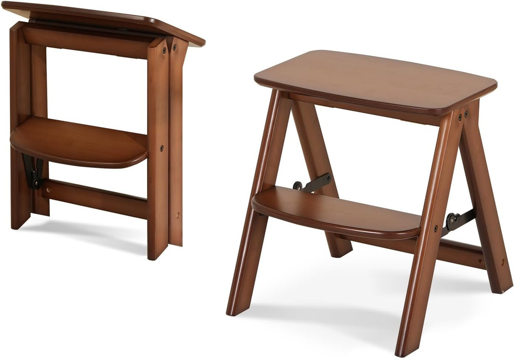 2 Step Stool Foldable- Bamboo Step Ladder, Small Folding Step Stool Cute