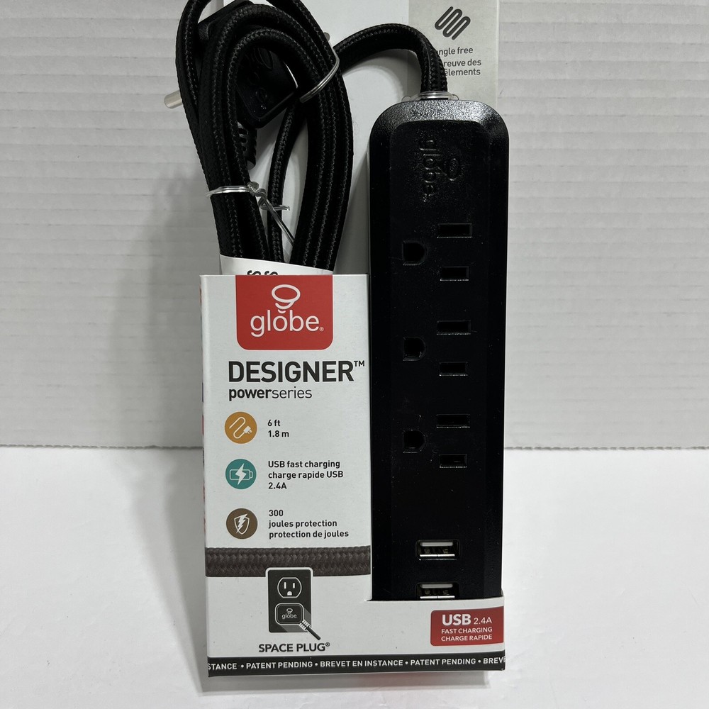 Globe Designer Power Series Space Plug . 6ft/USB Fast Charging Power Strip
