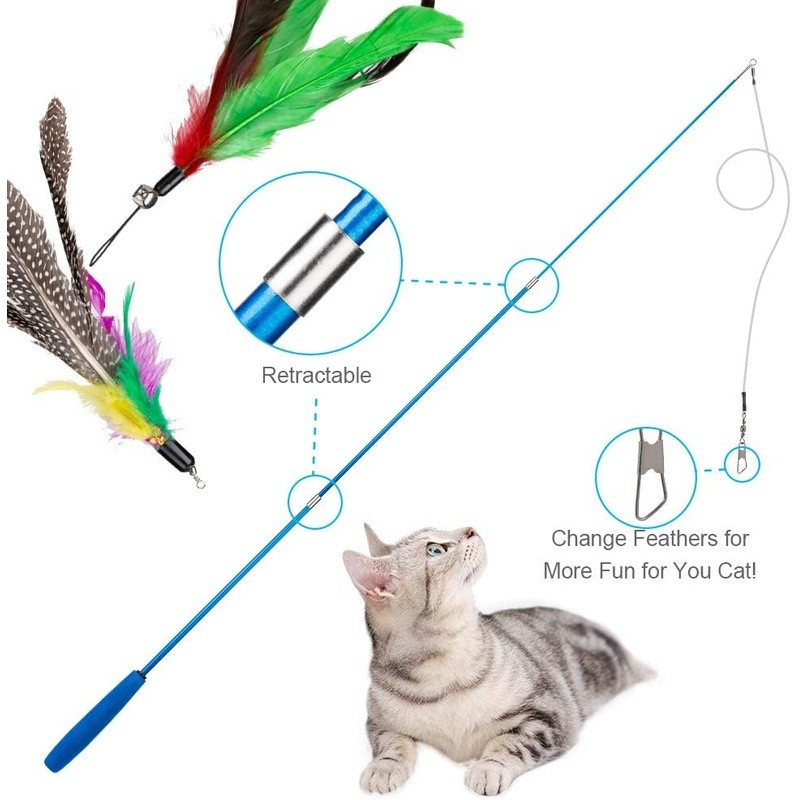 Retractable Feather Cat Toy Wand Interactive Exercise Healthy Activity Cats New