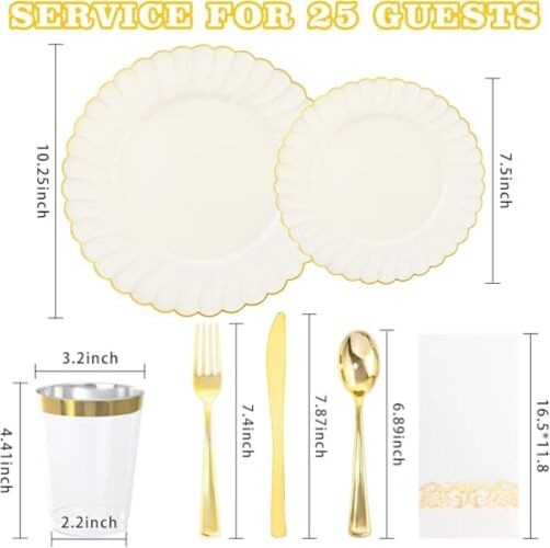 Scalloped Plastic Plates - Gold Disposable Dinnerware Set Include 175PCS Ivory