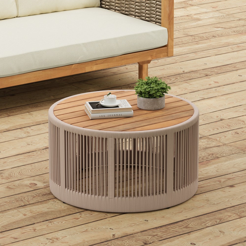 Industrial Coffee and Side Table Set with Rattan Weave, Rustic Decor