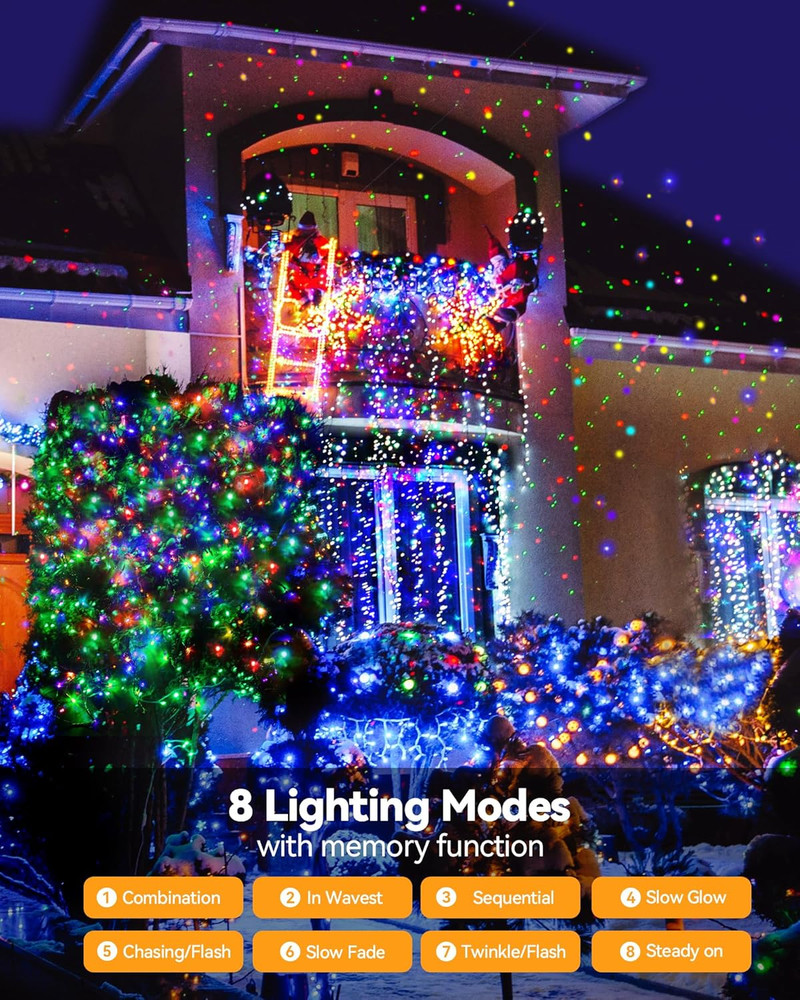Multicolor Christmas String Lights 100 LED, 8 Modes, Timer, Extendable, Indoor/O