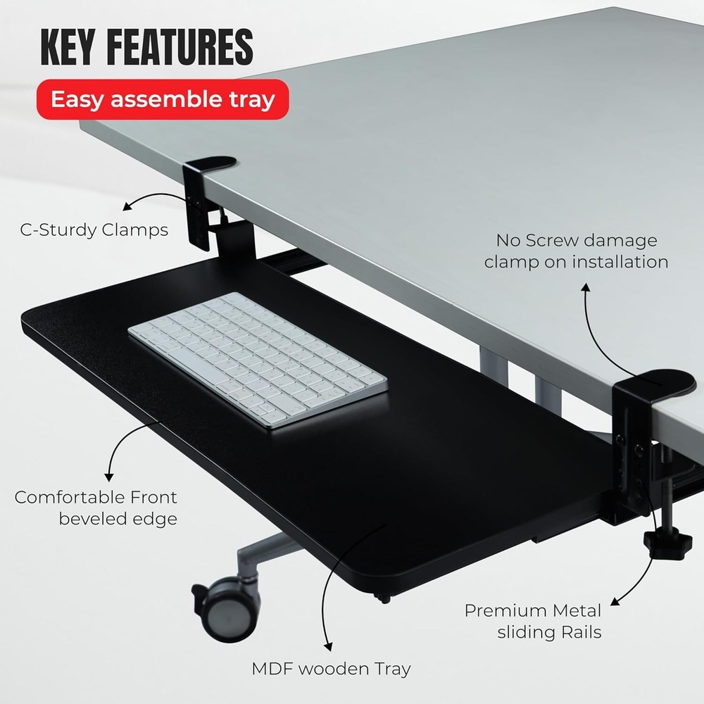 Keyboard Tray Under Desk, Pull Out Keyboard & Mouse Tray with C Clam