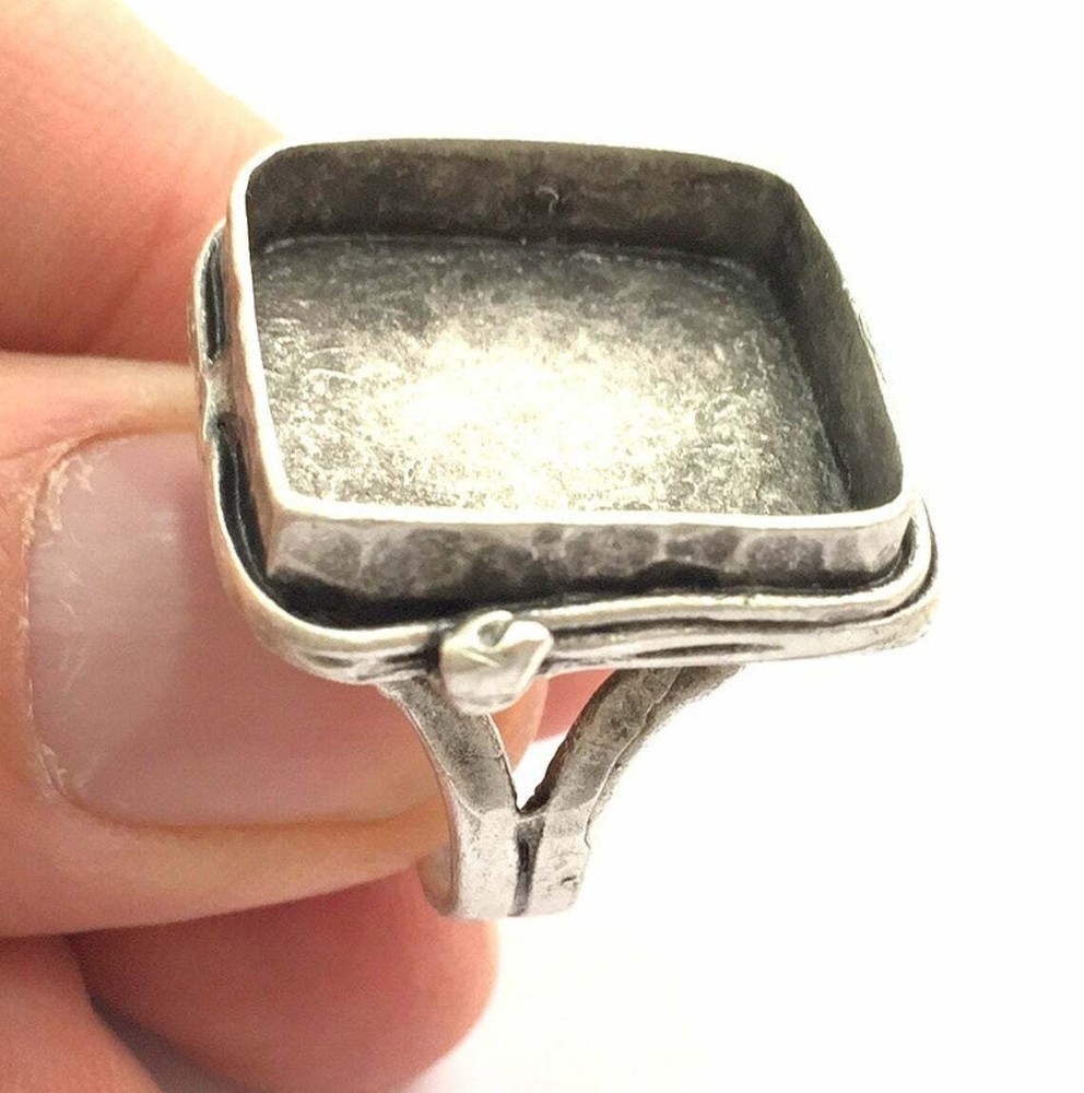 Square Signet Adjustable Ring Blank Base Hammered Antique Silver Plated Brass