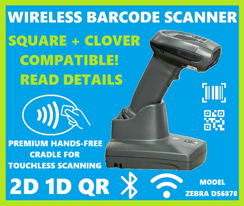 ✅SQUARE/CLOVER POS Wireless 2D/1D/QR Barcode Reader Zebra DS6878 Handsfree! 🔥⭐