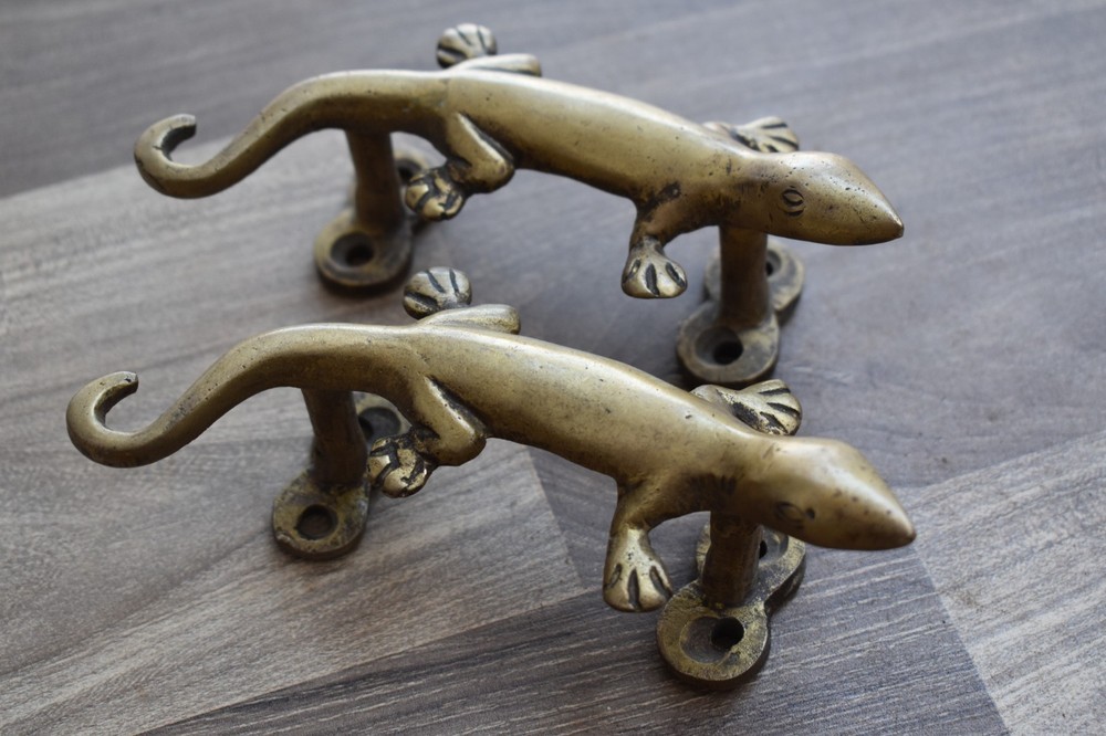 Vintage Brass Door Handle Lizard Heavy Gate Pull Drop Original Handle 2 Pcs