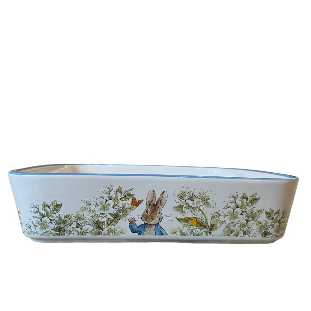 Beatrix Potter Peter Rabbit 9" Square Ceramic Baker Blue Rim Easter Bakeware NEW