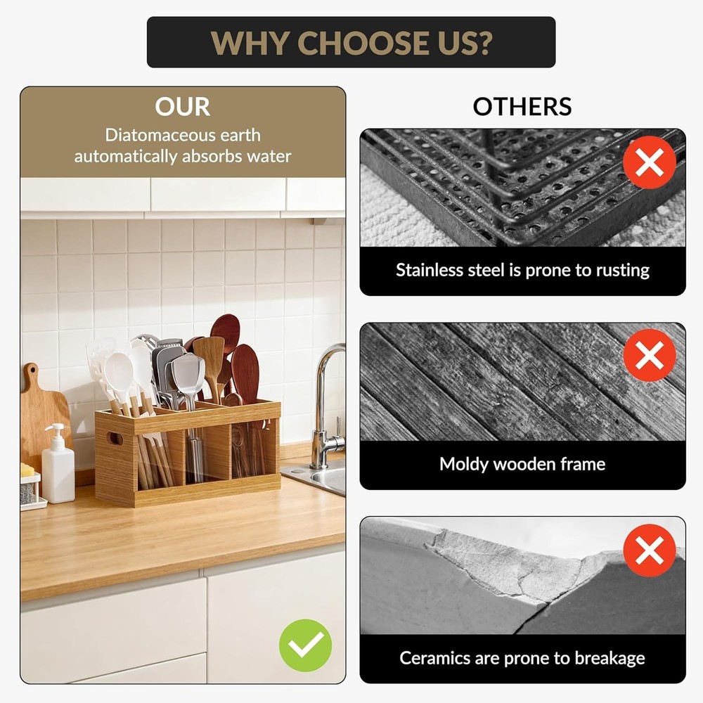 10" 6-Compartment Bamboo Holder & Diatomite Mat - Multi-Function Home Organizer