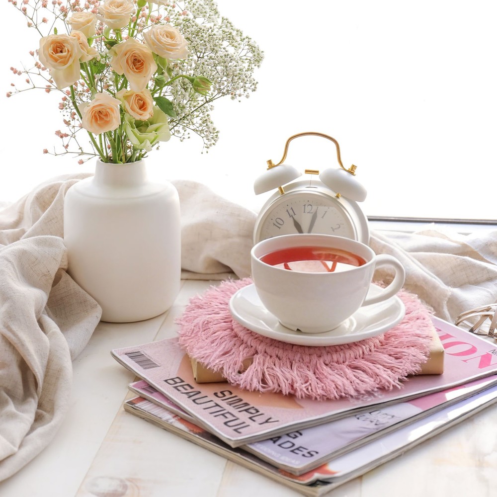 2Pcs Boho Coasters, Woven Drink Coasters with Tassel, Gray