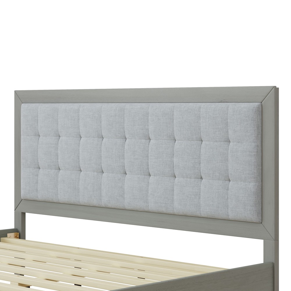 California King Bed Frame Solid Wood Upholstered Panel Headboard Gray
