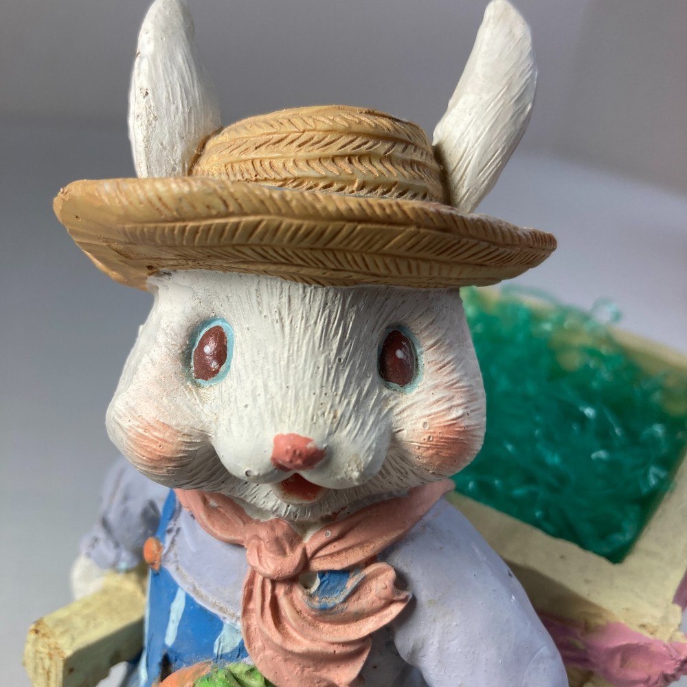 Spring Easter Bunny Figurine Rabbit Straw Hat Blue Overalls Pulling Wheelbarrow