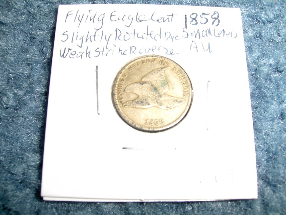 RARE 1858 SMALL LETTERS ROTATED DYE FLYING EAGLE SMALL CENT COIN-WEAK STRIKE!