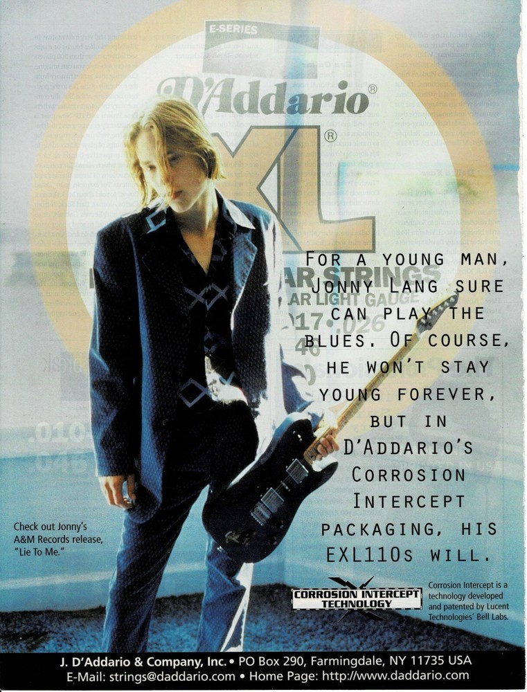 D'Addario Strings - JONNY LANG -  1997 Print Advertisement