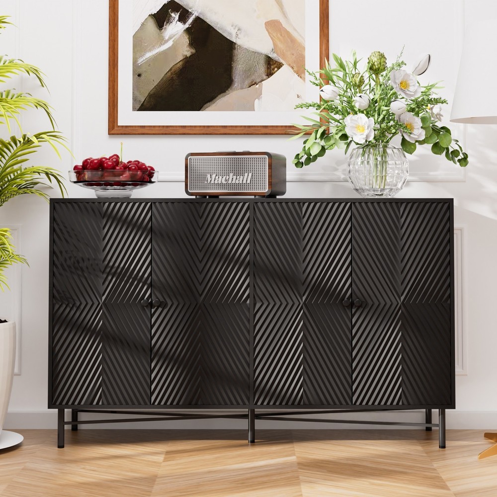 59" Fluted Sideboard Buffet Cabinet w/4 Doors Black Kitchen Storage Sideboard US