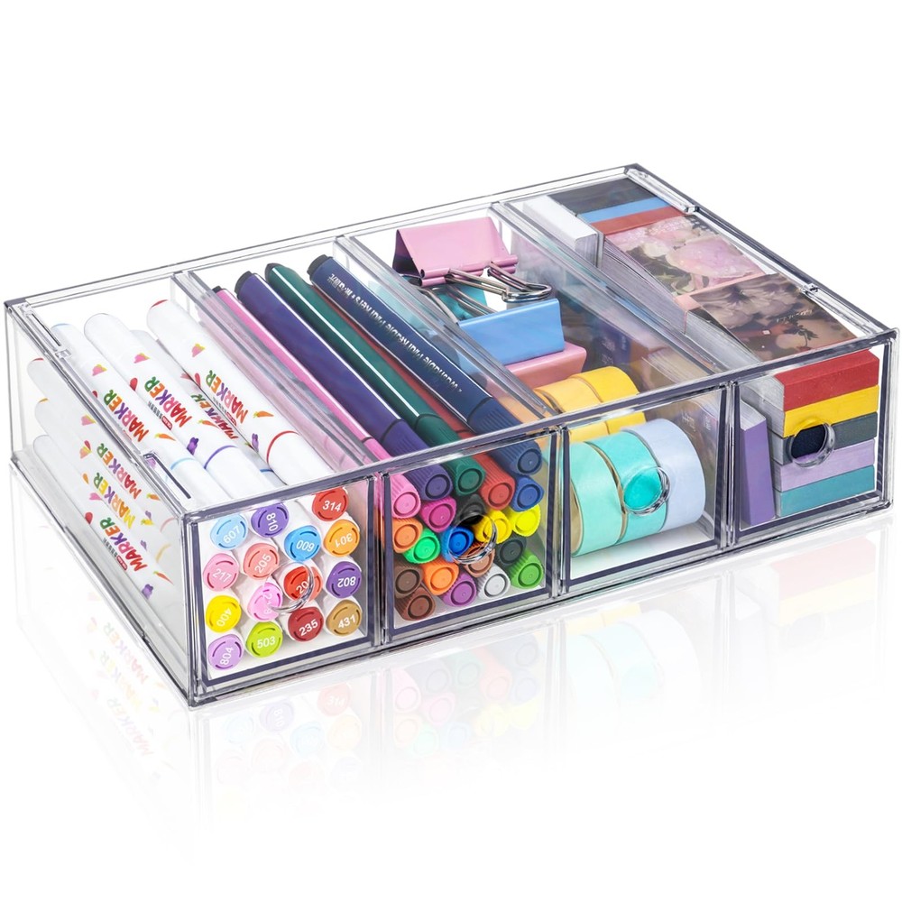 Desk Organizer with 4 Drawers, Stackable Desktop Storage Box with Removable D...
