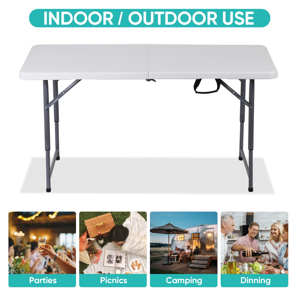 Folding Table 4 FT Portable Fold-in-Half Adjustable Plastic Camping Table White