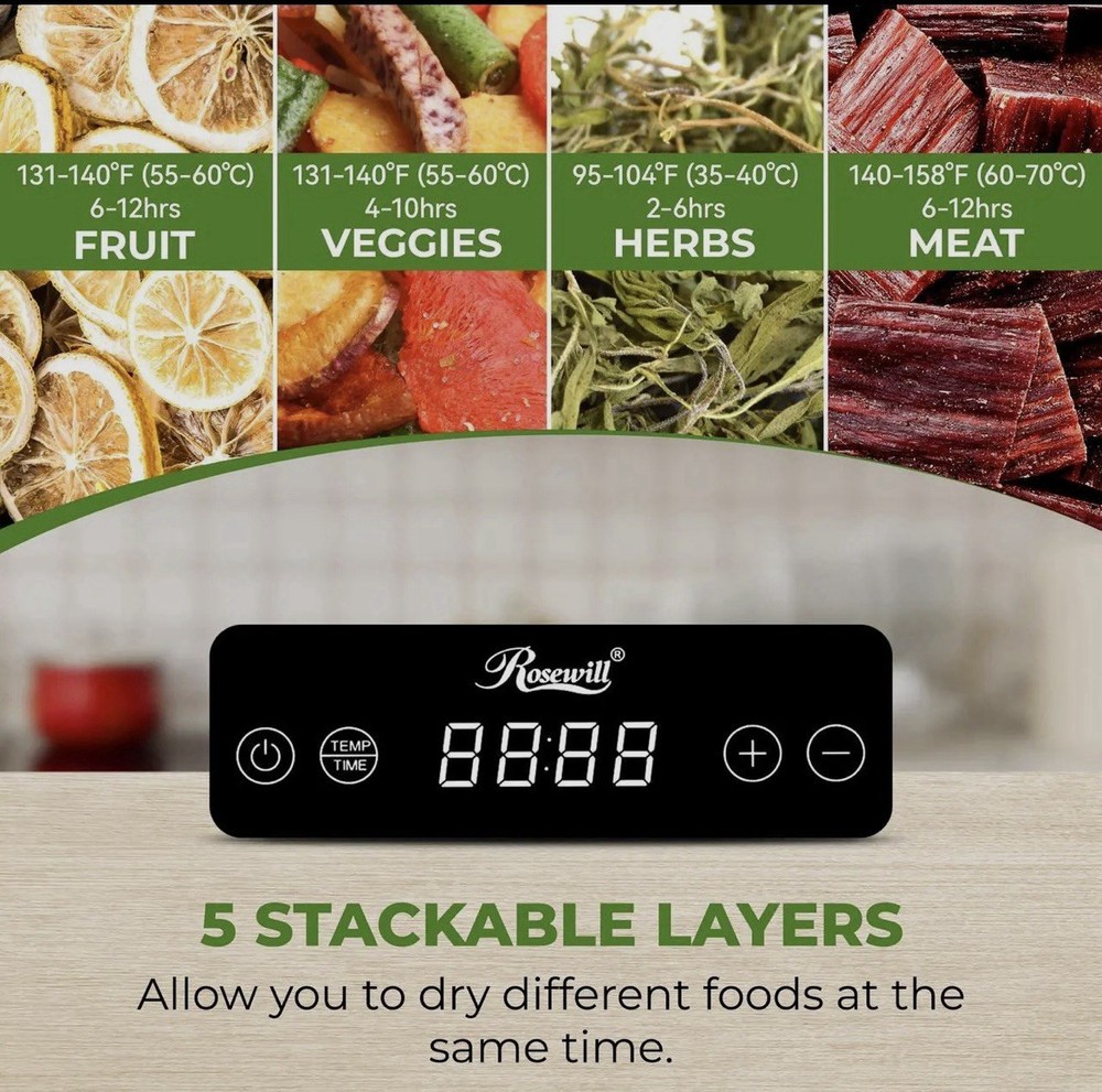 Rosewill Compact Food Dehydrator, 5 Stackable Trays with Adjustable 48H Timer an