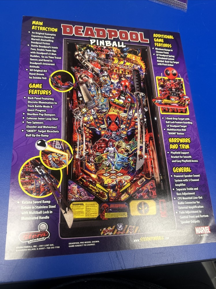 Stern DEADPOOL Pinball Machine flyer- original
