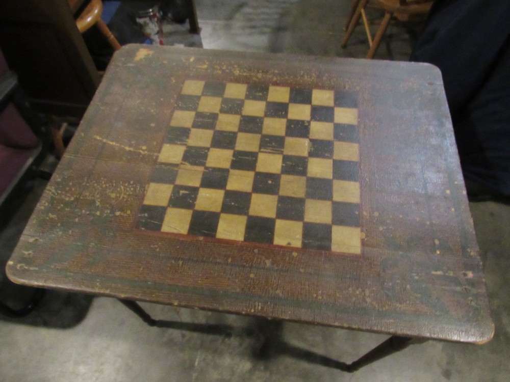 ANTIQUE ORIGINAL 1800's FOLDING CHESS CHECKERBOARD TABLE SOLID PLANK TOP