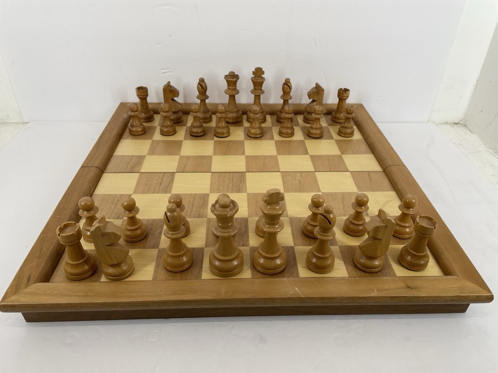 Wood Chess Set In 17.5” Folding Board Storage Box Complete