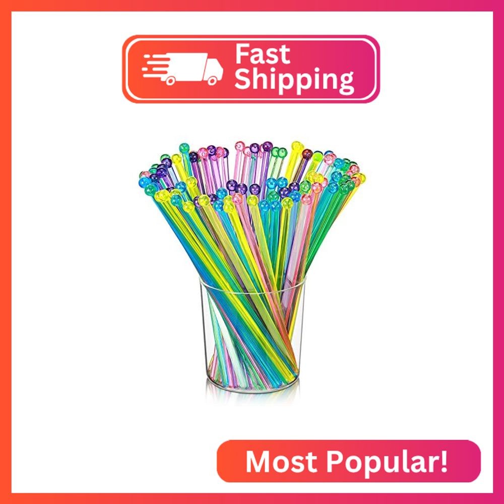 100 Pieces Disposable Plastic Round Top Crystal Swizzle Sticks (MultiColor)