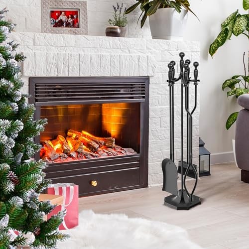 5 Pieces 31In Fireplace Tools Set, Wrought Iron Fireplace Tools with Black