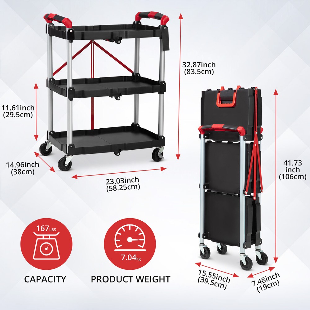 Heavy Duty Utility Cart Multi-Function 3-tier Service Cart with Wheels Foldable