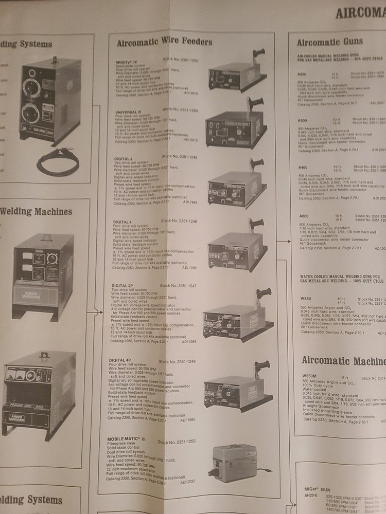 1984 Airco Welding Poster 36" X 22.5" Machine Gun Wire Accessory Selection Chart