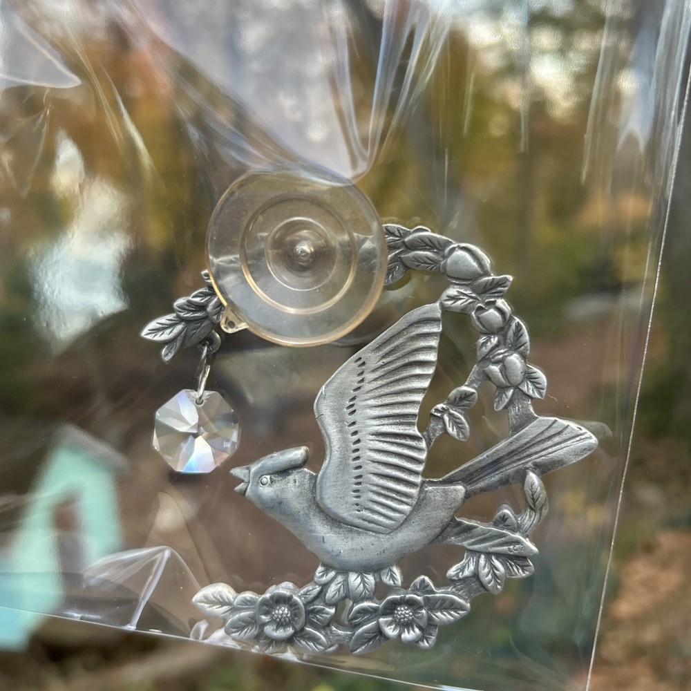 VTG Pewter Bluejay With Dangling Crystal Suction Cup