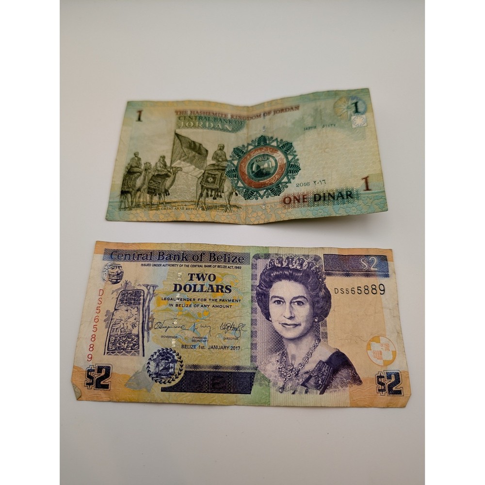 Belize 2 Dollars 2017 & Jordan 1 Dinar 2016 World Banknote Currency Set