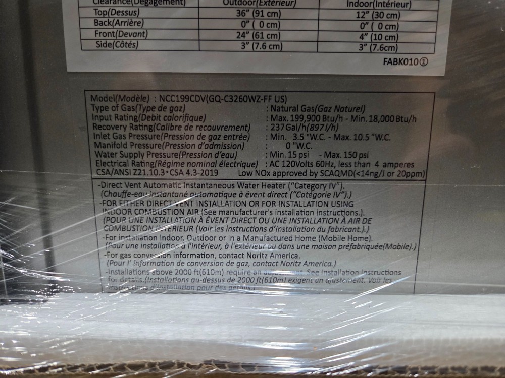 Noritz EZ98DV 199,000 BTU Indoor/Outdoor Residential Tankless Water Heater NG