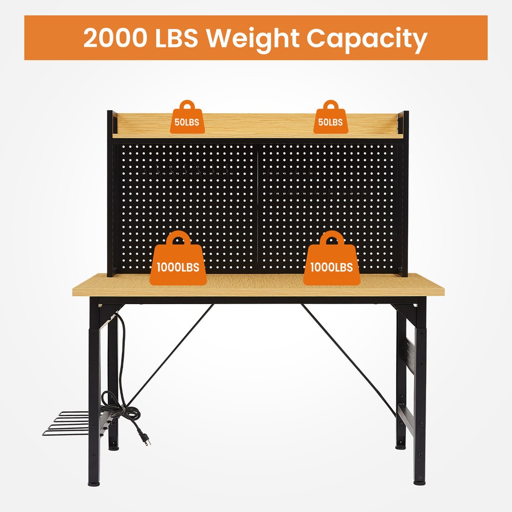 Adjustable workbench with pegboard, rolling workbench with shelves