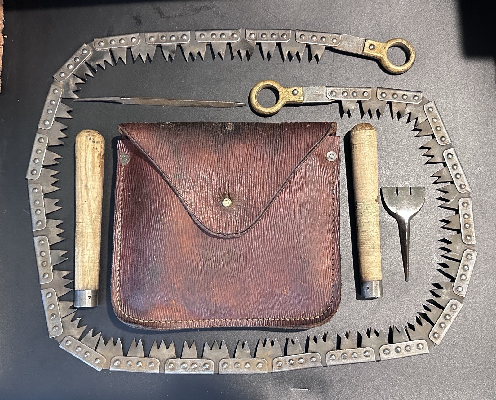 WW2 British Army Sapper’s Portable Chain Saw in Leather Case with Handles & File