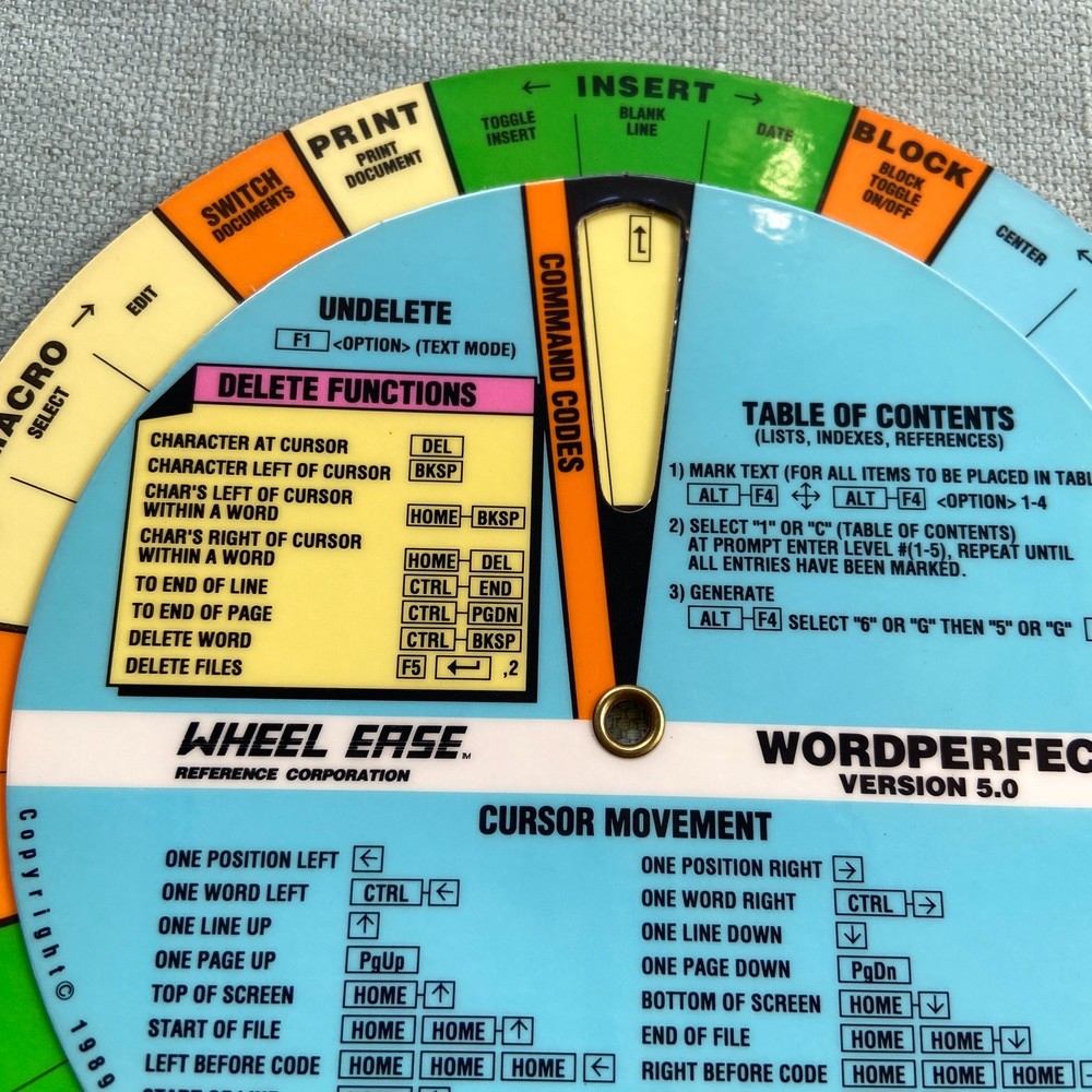 Wordperfect Version 5.0 Wheel Ease Quick Reference Guide Card Dial 1989 2 Sided