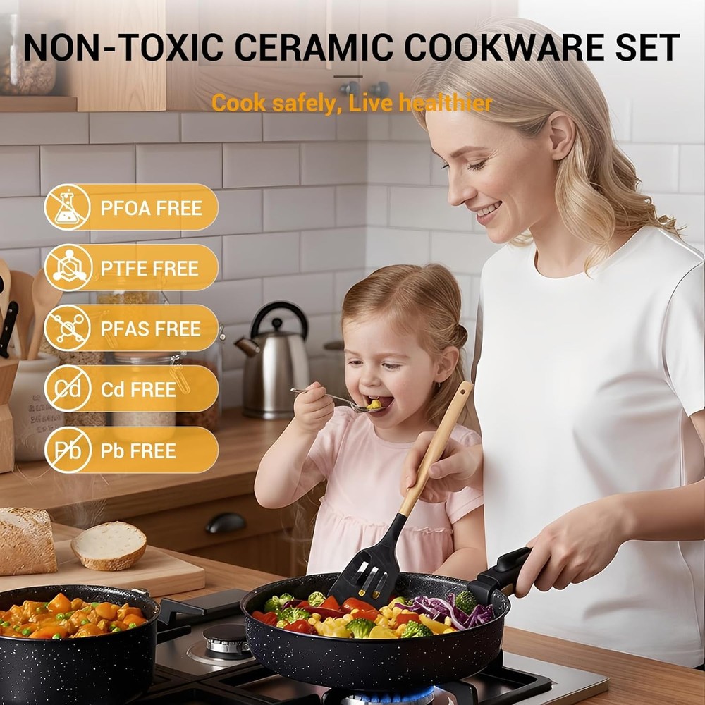 21 Pcs Pots & Pans Set Non Stick Ceramic Kitchen Cookware Set W/ Detachable