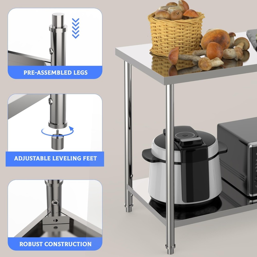Stainless Steel Table for Prepwork 36x24″ Commercial Table Adjustable Undershelf